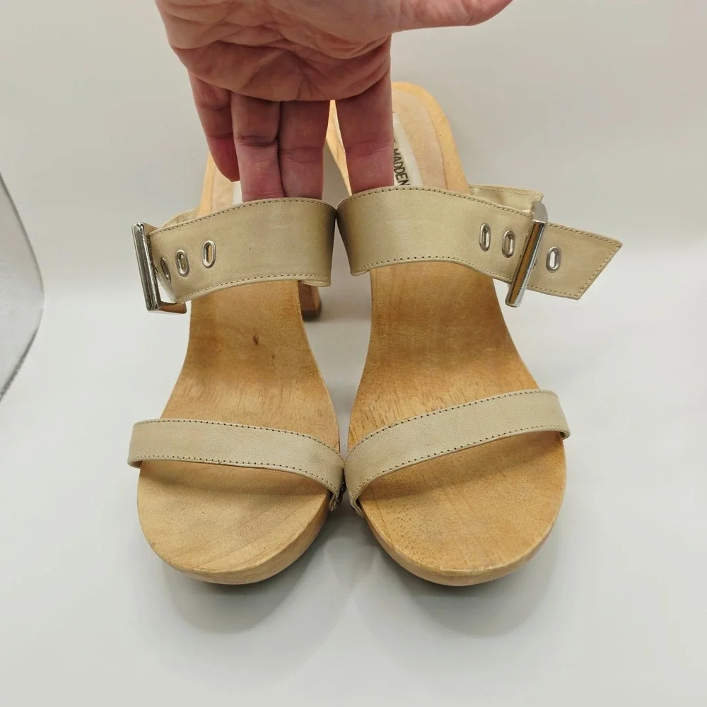 Steve Madden Staci Platform Sandals Womens 10B Beige Wood Leather Buckle Slides